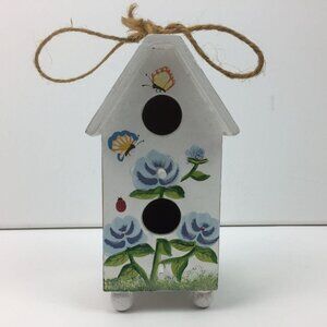 Hanging Wooden Bird House Blue Floral Butterfly Painted Double Hole